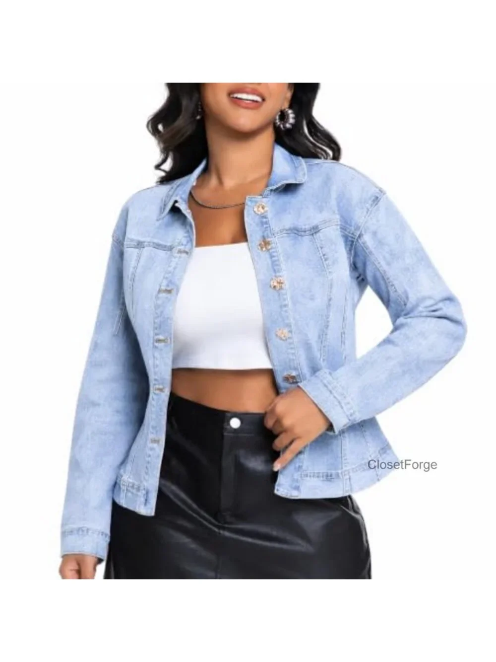 Women's Stretch Denim Jacket Cinched Waist Button Up Long Sleeve Jean Jacket